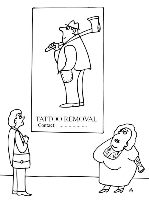 An man with an axe removes tattoos.