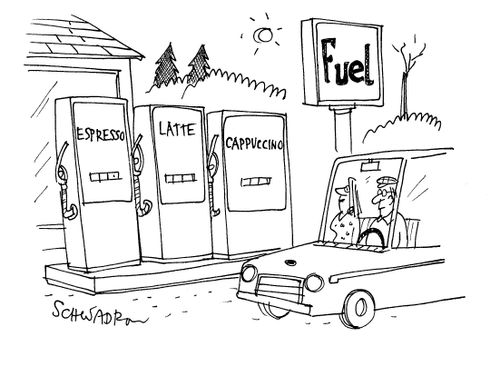 Fuel Station - The pumps read: Espresso, latte, cappuccino.