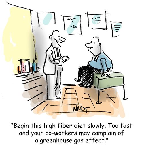 Begin this high fiber diet slowly. Too fast and your co-workers may complain of a greenhouse effect.