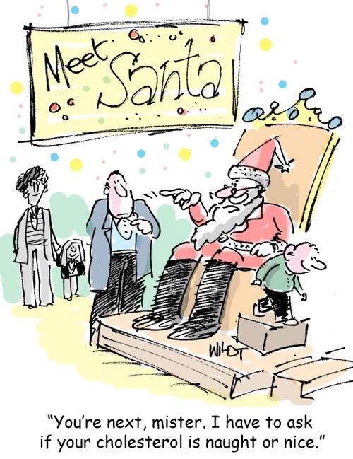 Santa asks man if cholesterol is naught or nice.