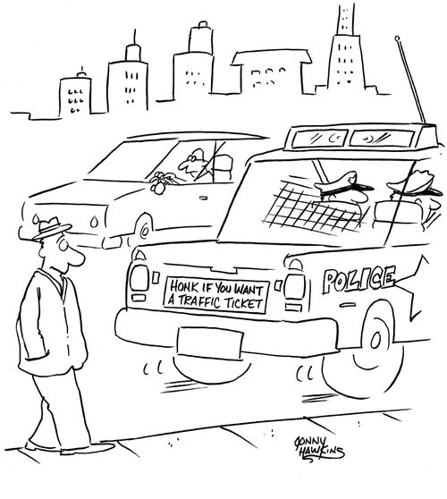 Police car bumper sticker: 'Honk if you want a traffic ticket'.