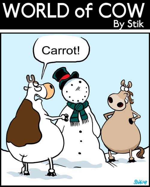 Cow asks the horse for the carrot.