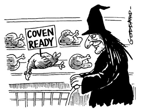 Coven ready - Witch in supermarket with a 'coven ready' chicken