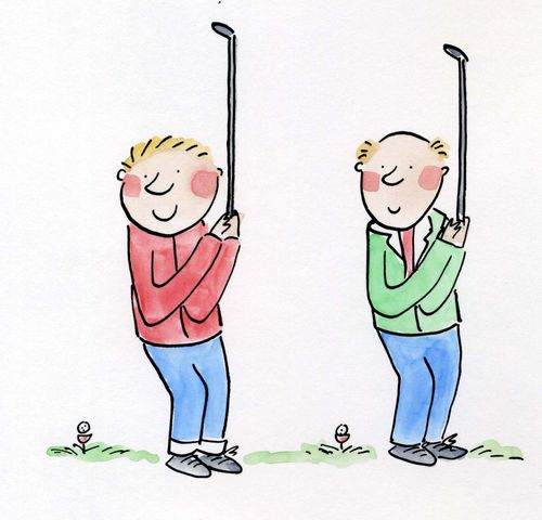 Father and son play golf.