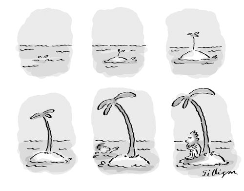 Island appears, castaway follows.