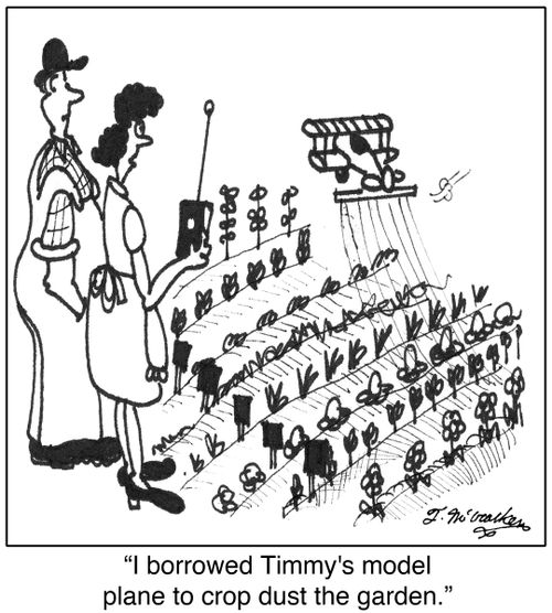 'I borrowed Timmy's model plane to crop dust the garden.'