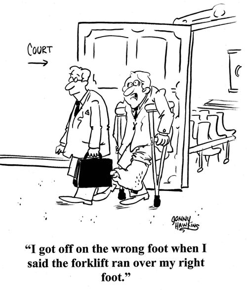 Man on crutches leaving courtroom: 'I got off on the wrong foot when I said the forklift ran over my right foot.'