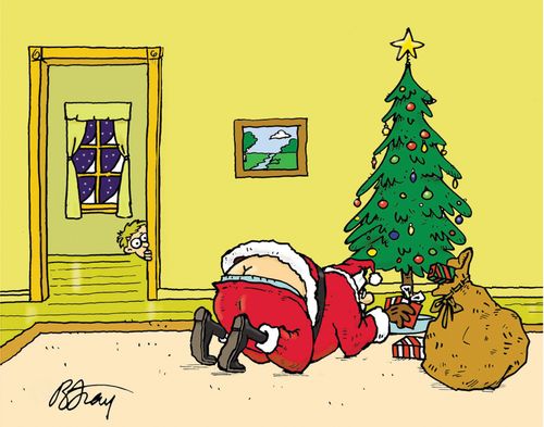 Santa bending over under a Christmas tree with his bum showing as a little boy look on.