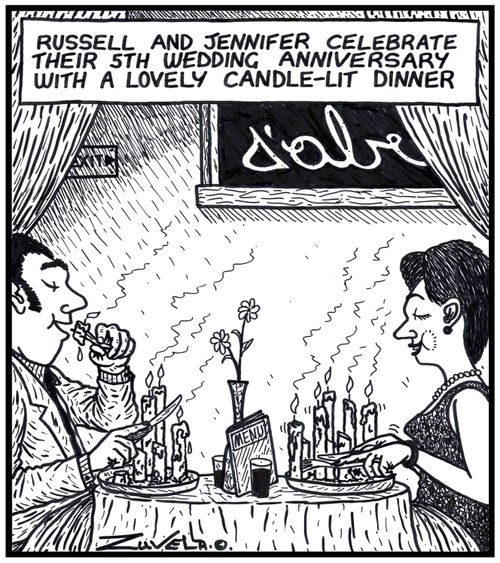 Russell and Jennifer celebrate their 5th wedding anniversary with a lovely candle-lit dinner.