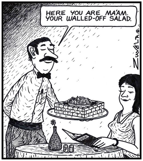 Waiter: 'Here you are ma'am.Your Walled-off salad.' a waiter serving a woman a Waldorf salad surrounded by a brick wall
