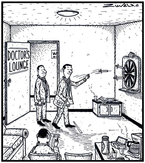 Doctors playing a friendly game of Darts with Syringes for Darts.