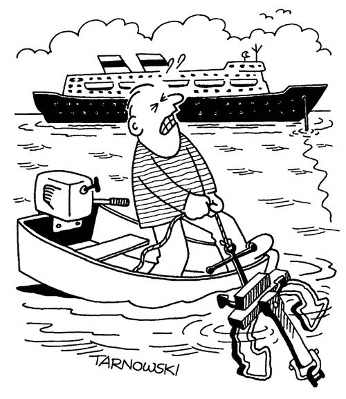 Small boat pulling up a ship's anchor.