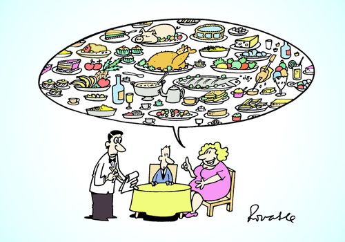 Large lady ordering lots of food.