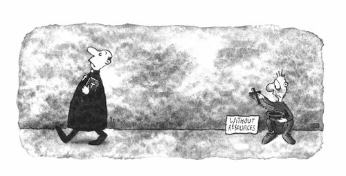 Destitute man and priest, "Without resources"