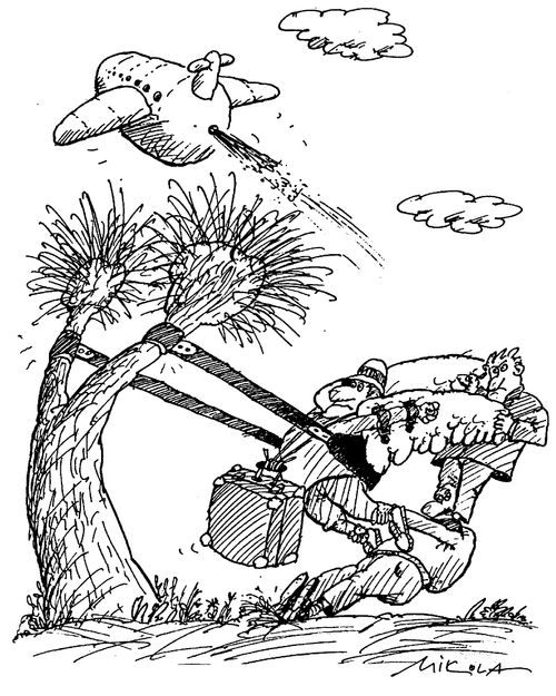 Two men trying to lauch businessman with wings via a catapult