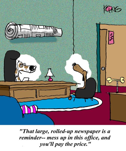 'That large, rolled up newspaper is a reminder - mess up this office, and you'll pay the price.'