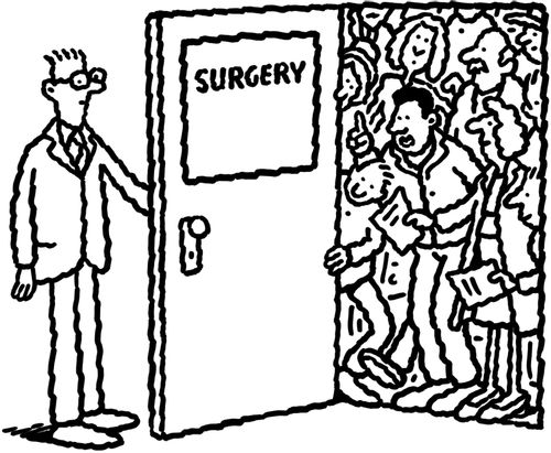 Doctor opens surgery door and a mob is waiting outside.