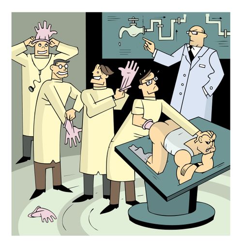 Medical students learning how to perform a prostate examination.