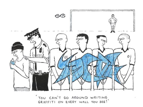 'You can't go around writing graffiti on every wall you see!' (Football defensive wall).