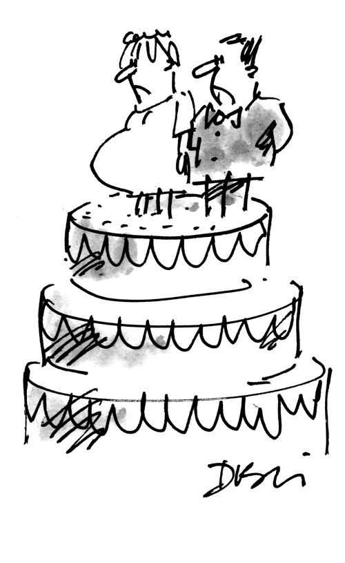 Husband and Pregnant wife on top of wedding cake. 