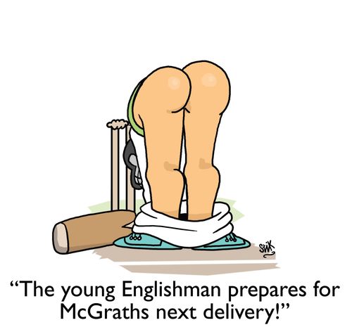 "The young Englishman prepares for McGraths next delivery!"