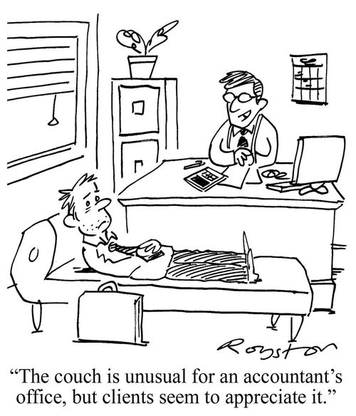 Stressed man on couch. Man at desk says: 'the couch is unusual for an accountant's office, but clients seem to appreciate it.'