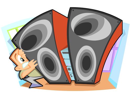 Man Struggling with Giant Speakers.