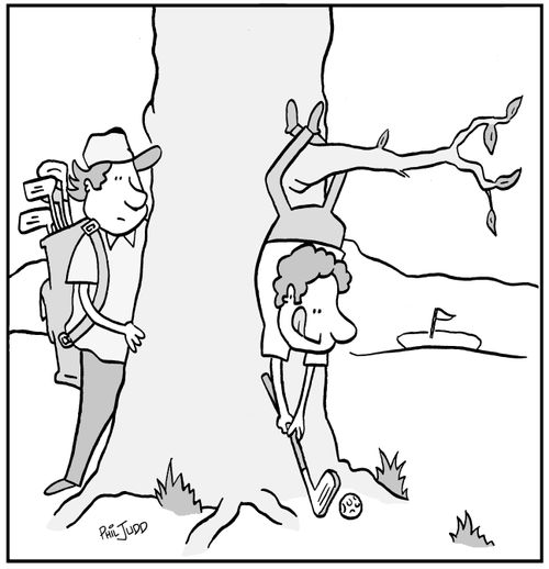 Golfer hanging from tree branch to play difficult shot.