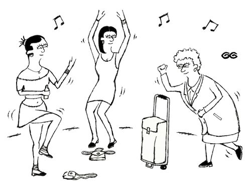 Disco Girls Dance Around Handbag, Old Lady Dances Around Shopping Trolley.