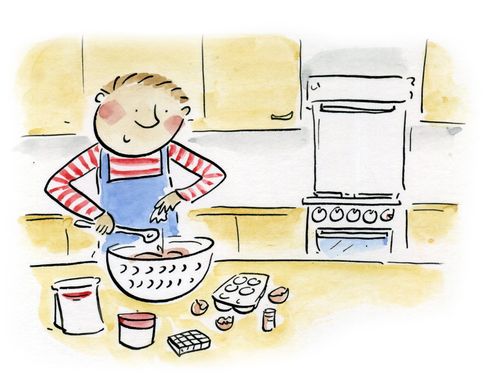 Boy baking a cake.