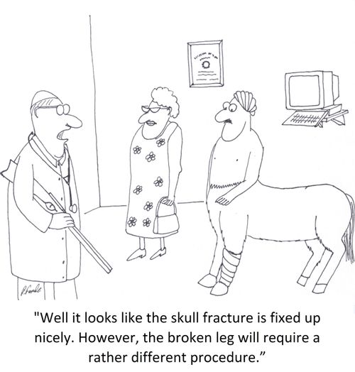 'Well it looks like the skull fracture is fixed up nicely. However, the broken leg will require a rather different procedure.'