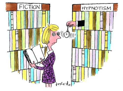Woman being hypnotised at Hypnotism section in library.