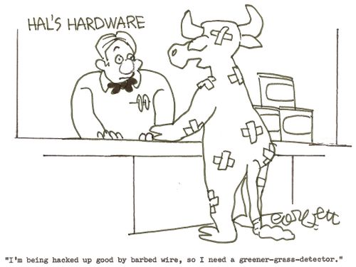 'I'm being hacked up good by barbed wire, so I need a greener-grass-detector.'