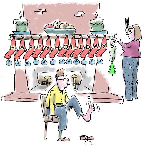 Wife used husbands smelly sock to complete Christmas stocking display on mantle.