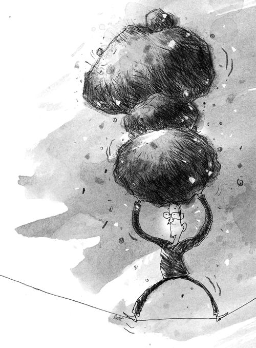 Man on wire balancing while carrying big stones.