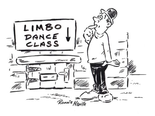 Puzzled man looking at sign above a very low door, which reads, 'Limbo dance class.'