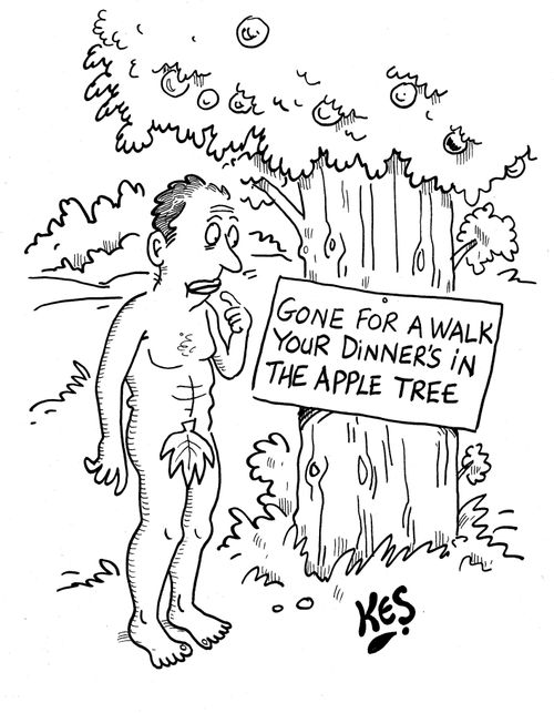 Adam sees note from Eve: Gone for a walk. Your dinner's in the apple tree.