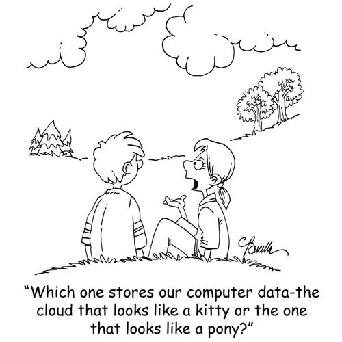 'Which one stores our computer data-the cloud that looks like a kitty or the one that looks like a pony?'