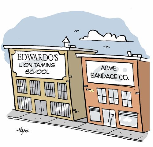 Edwardo's Lion Taming School beside ACME Bandage Co.