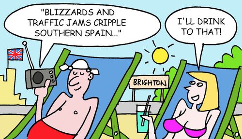 Blizzards and traffic jams cripple southern Spain... I'll drink to that! (Couple on Brighton beach).