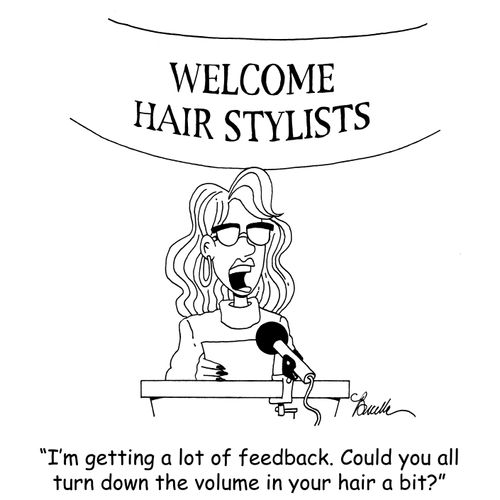 'I'm getting a lot of feedback. Could you all turn down the volume in your hair bit?'