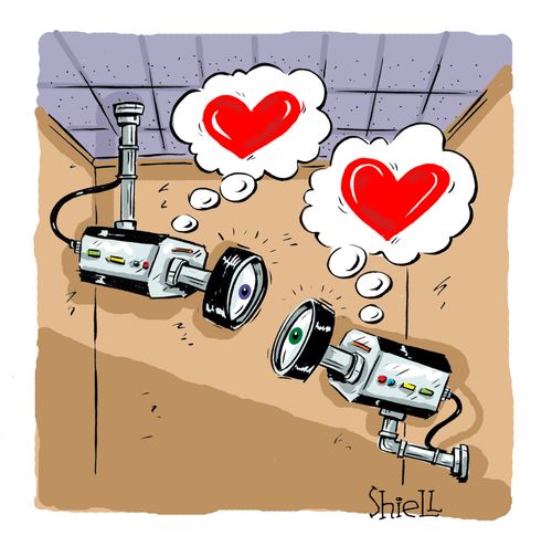 Two video cameras fall in love at first sight.