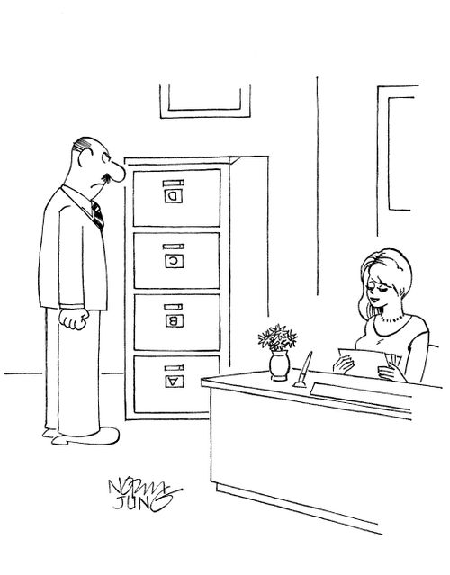 Boss discovers his secretary has put the drawers of the file cabinet upside down.