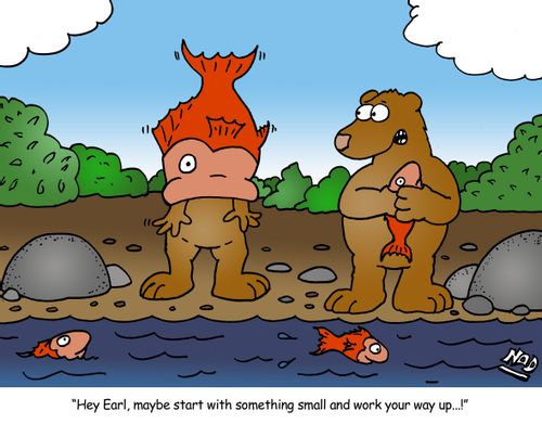 A bear has been half swallowed by a huge fish - 'Hey Earl, maybe start with something small and work your way up...!' 