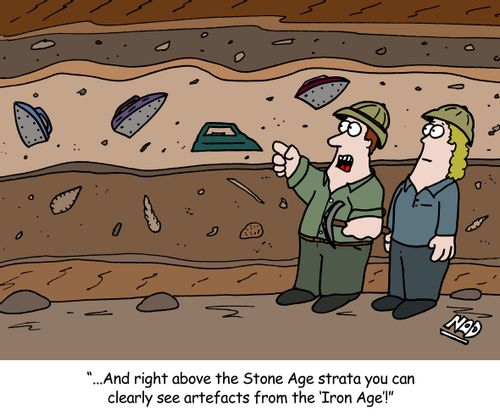 Archaeologists look at stratigraphy with irons in it - 'And right above the Stone Age strata you can clearly see artefacts from the 'Iron Age'!'