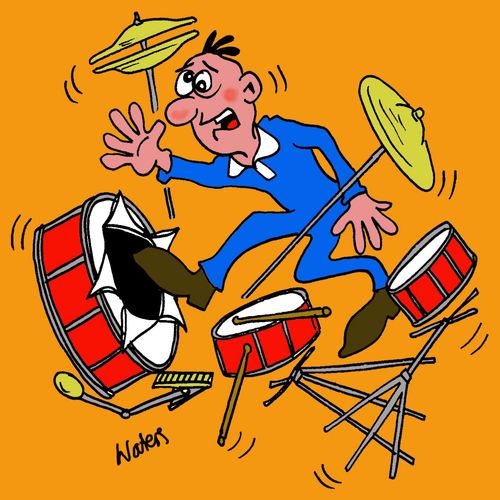 Man walks into a drum kit.