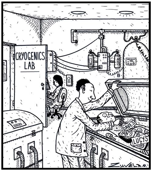 A staff member getting his ice cream out from a Cryogenics body storage container, using it as a staff work fridge 