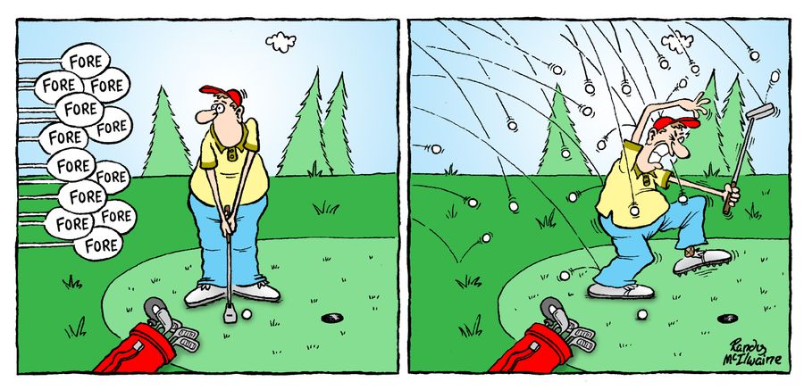 Man pelted with golf balls.