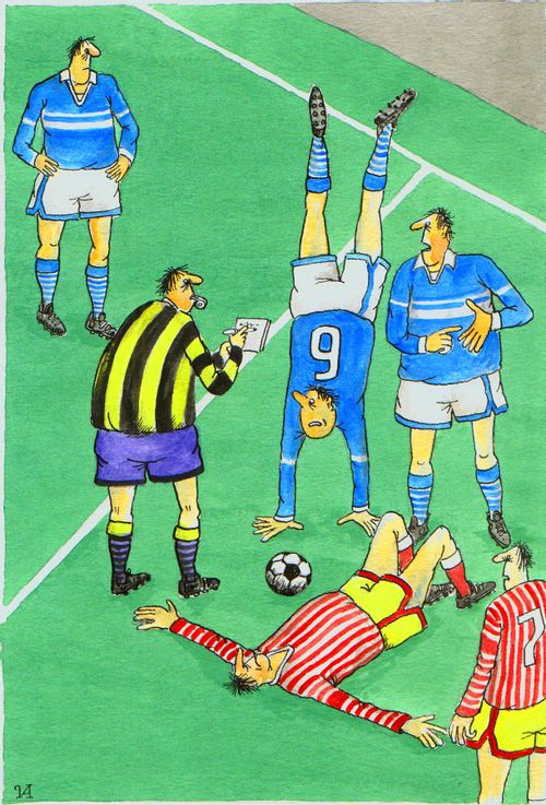 Dirty football player attempts to deceive referee.