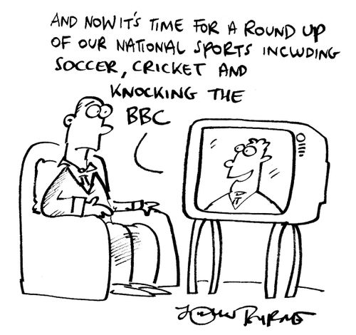 "...now it's time for a round up of our national sports - soccer, cricket, and knocking the BBC...."